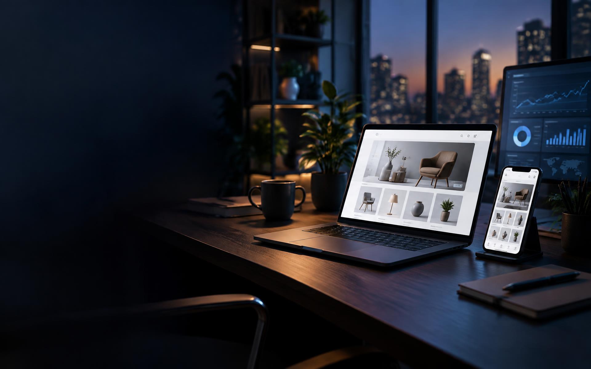 Espacio de trabajo digital con tienda online, analítica y dispositivos conectados